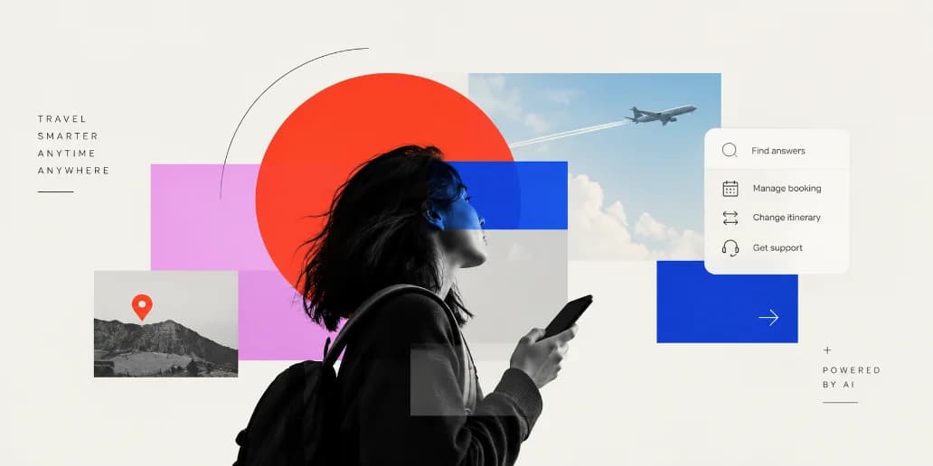 Collage illustrating an AI-powered travel app: a traveller checking a phone with a self-serve support widget open, against a flight in transit